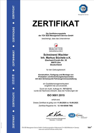 ISO 9001:2015 Zertifikat der Schreinerei Wachter in Ulm - Präzision in Holz